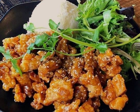Orange Crispy Chicken Rice Bowl.